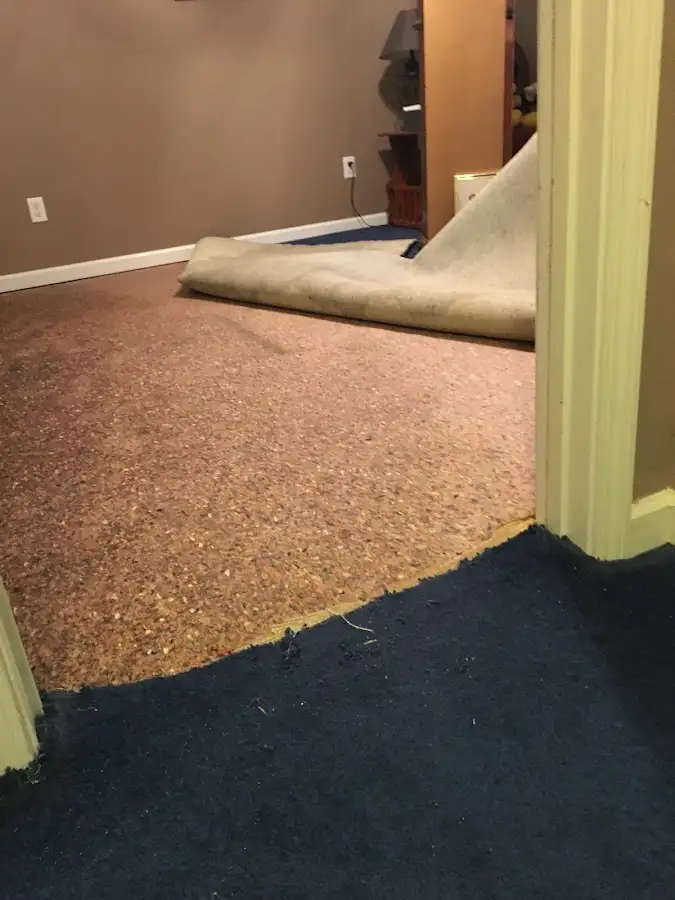 Carpet pad removal revealing water damage during Drying & Dehumidification in Potsdam